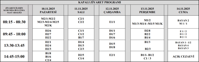 KASIM AYI AÇIK VE KAPALI ZİYARET PROGRAMI YAYINLANMIŞTIR.
