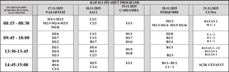 KASIM AYI AÇIK VE KAPALI ZİYARET PROGRAMI YAYINLANMIŞTIR.