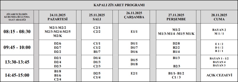 KASIM AYI AÇIK VE KAPALI ZİYARET PROGRAMI YAYINLANMIŞTIR.