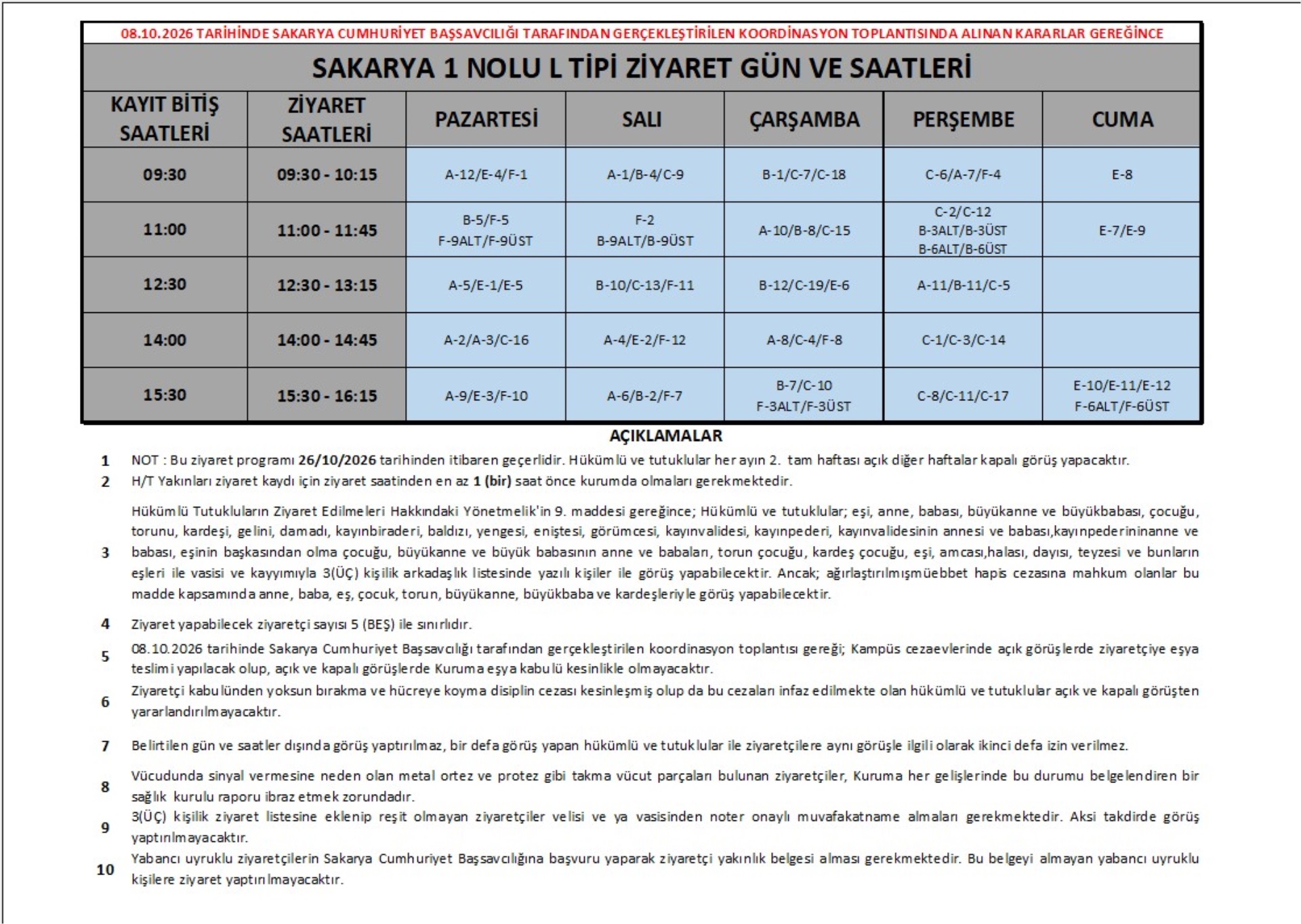 2026 YILI HAFTALIK ZİYARET PROGRAMI