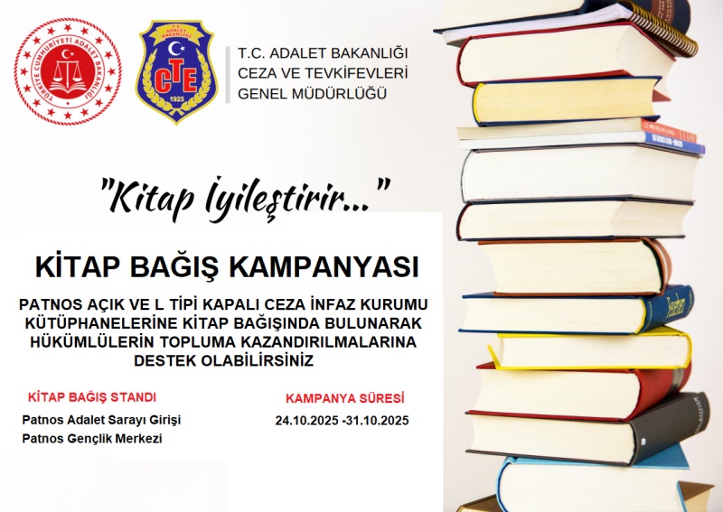 Cumhuriyet Savcısı Sayın Emin Burak SÜREZLİ ’nin Tensipleri ile Patnos Açık ve L Tipi Kapalı Ceza İnfaz Kurumu Kütüphanelerine Kitap Bağış Kampanyası...
