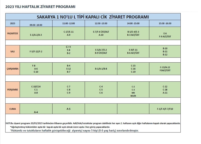 2023 YILI HAFTALIK ZİYARET PROGRAMI