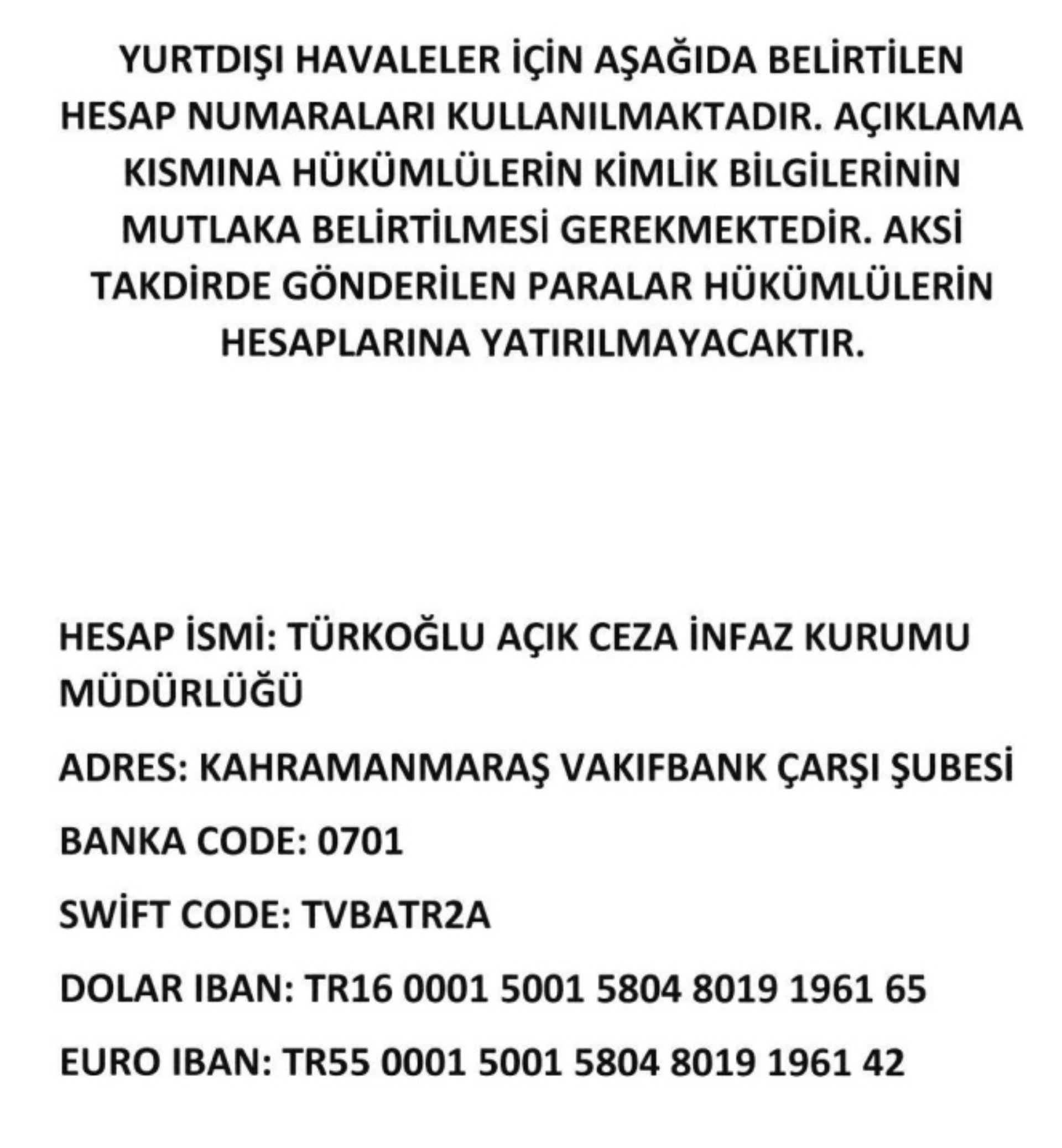 EMANET PARA YURTDIŞI SWİFT HESAP NUMARASI DUYURUSU