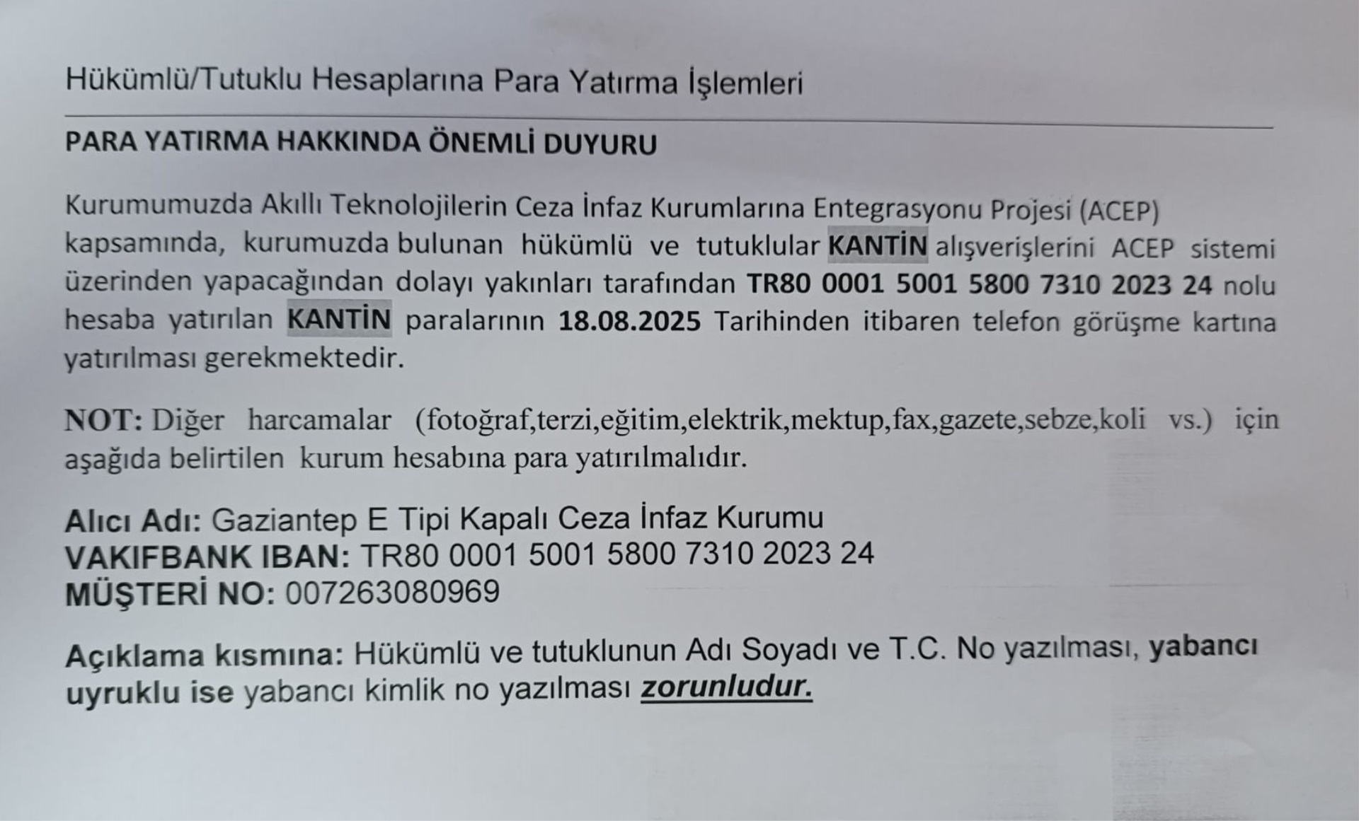 Hükümlü/Tutuklu Hesaplarına Para Yatırma İşlemleri
