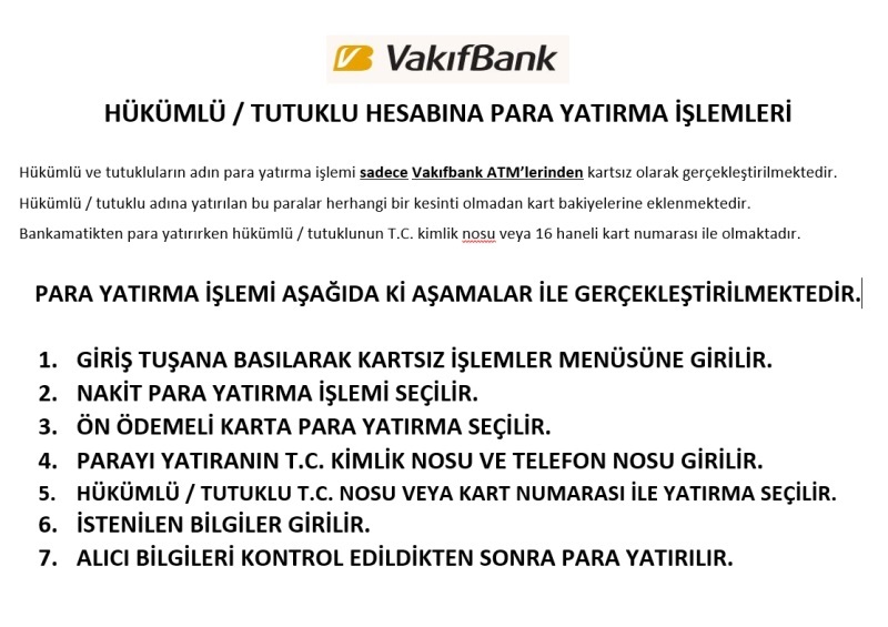 Hükümlü/Tutuklu Hesabına Para Yatırma İşlemleri