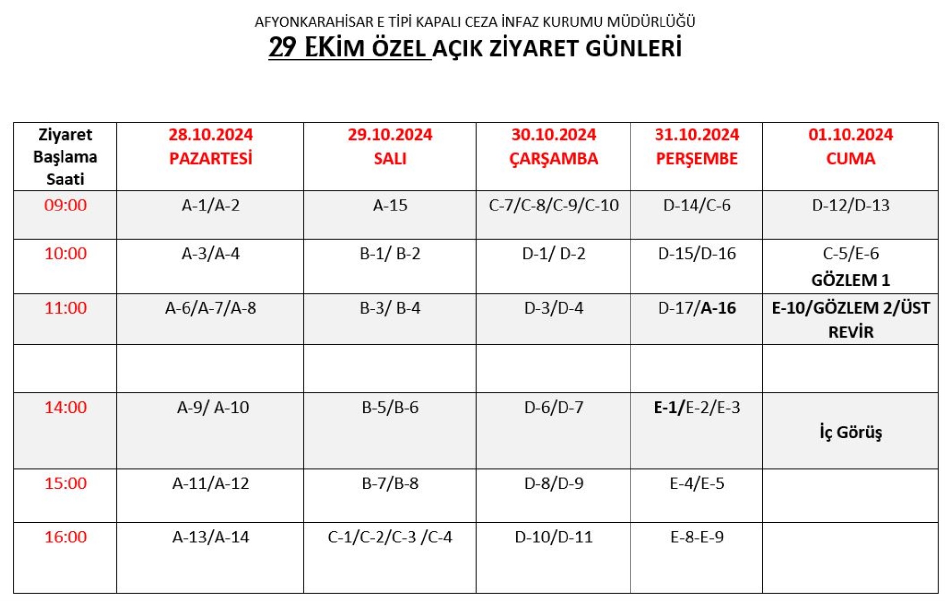 29 Ekim Cumhuriyet Bayramı Açık Ziyaret Programı (Gün ve Saatleri)