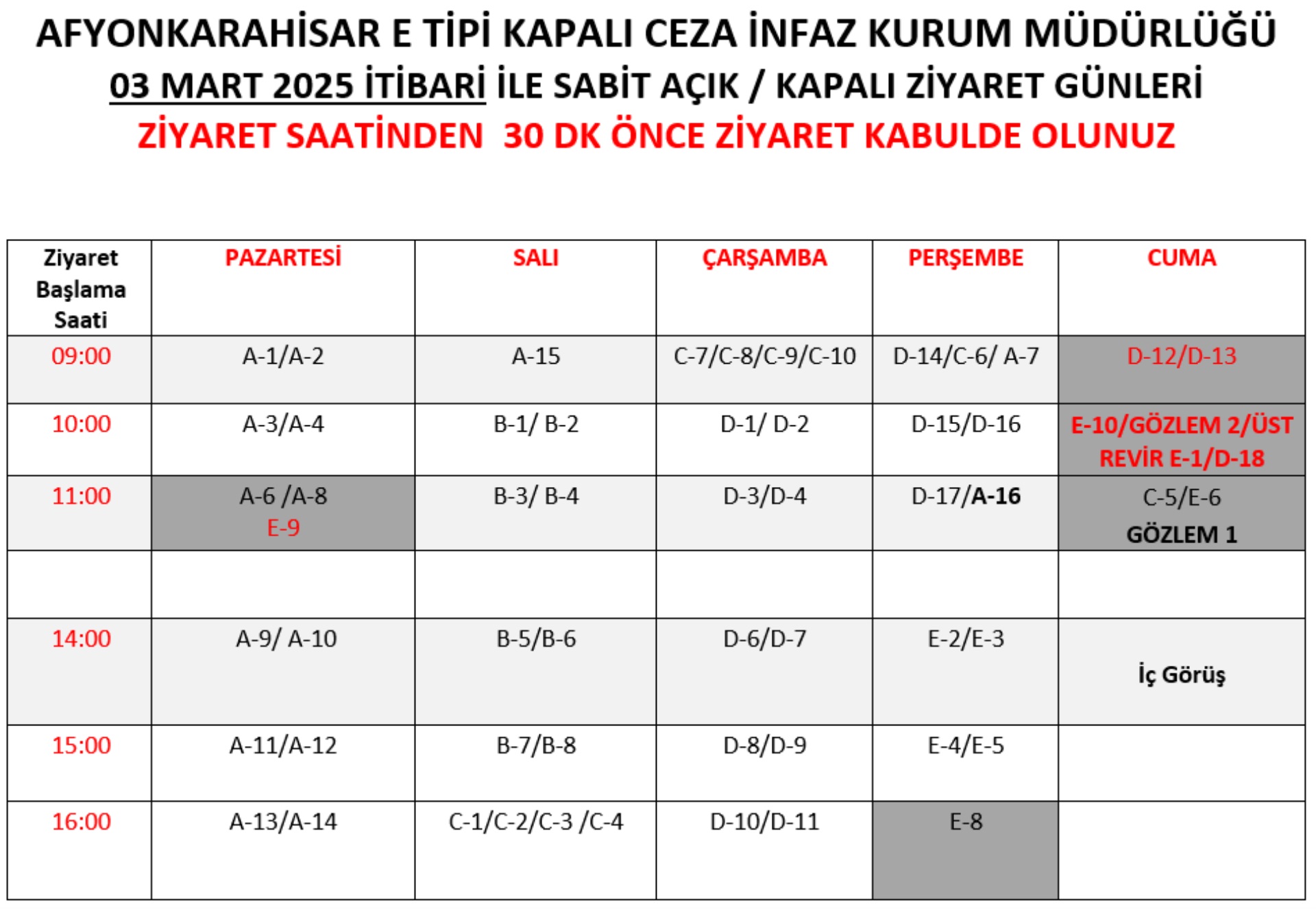 3 Mart 2025 Tarihi İtibariyle Sabit Açık/Kapalı Ziyaret Gün ve Saatleri