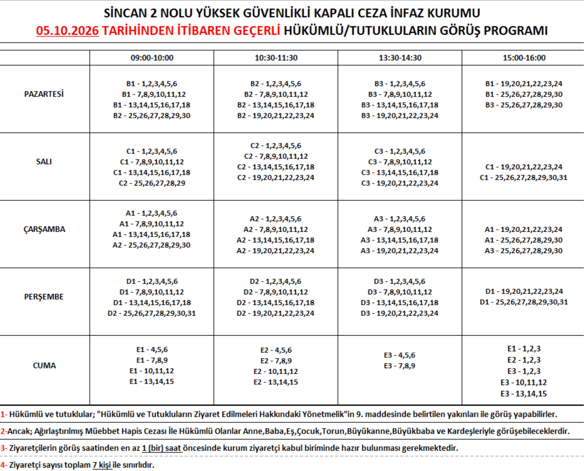 05.10.2026 TARİHİNDEN İTİBAREN GEÇERLİ HÜKÜMLÜ/TUTUKLULARIN GÖRÜŞ PROGRAMI