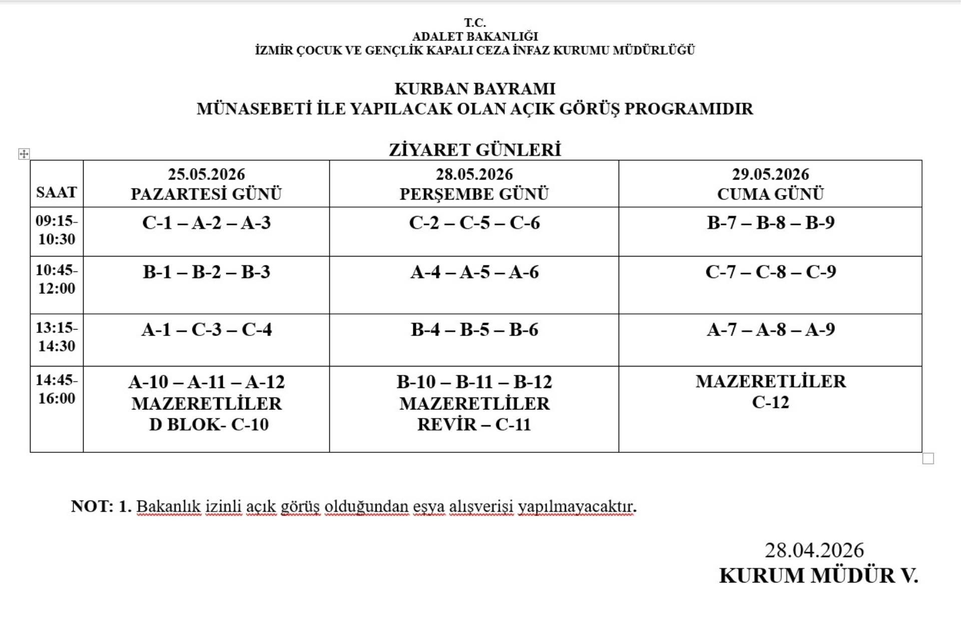 Kurban Bayramı Açık Görüş Programı 2026