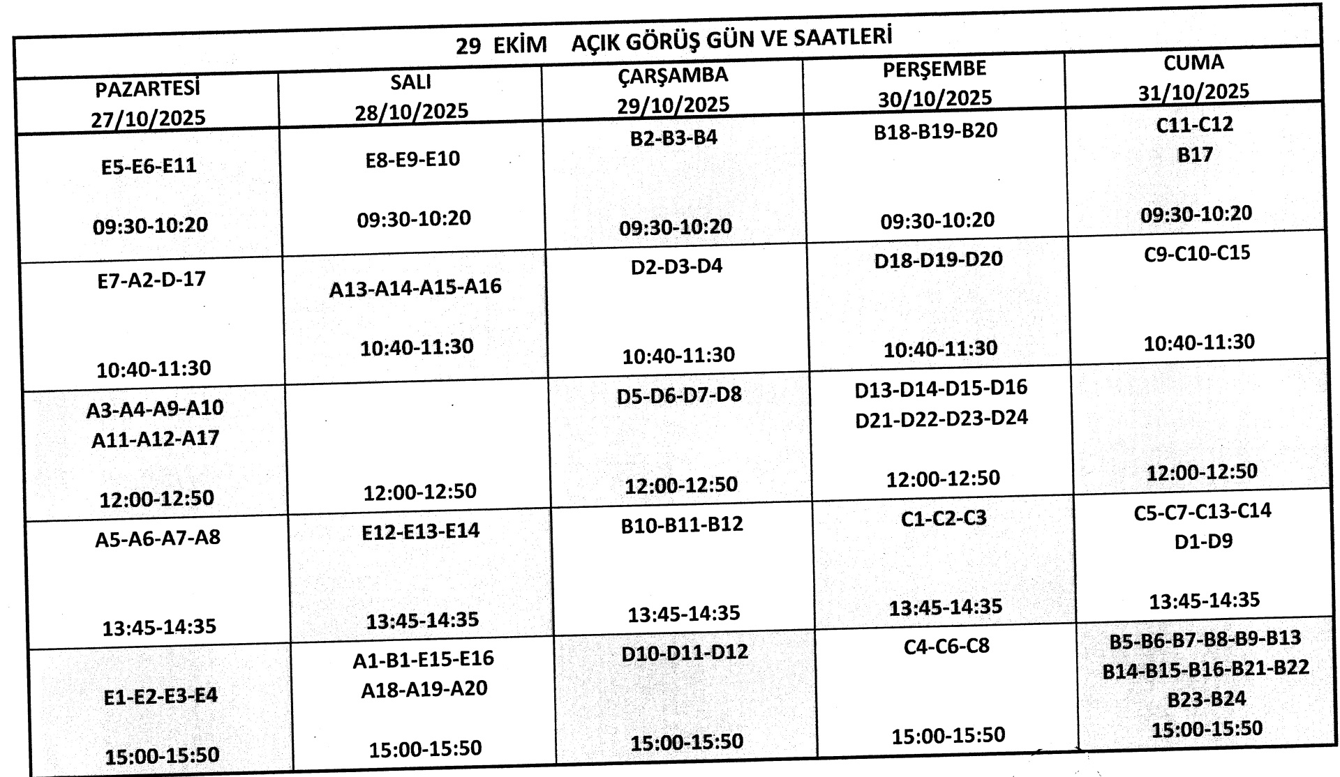 29 EKİM CUMHURİYET BAYRAMI AÇIK GÖRÜŞ GÜN VE SAATLERİ