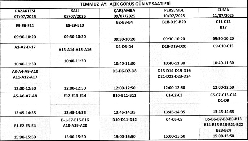 ZİYARET GÜNLERİ VE SAATLERİ