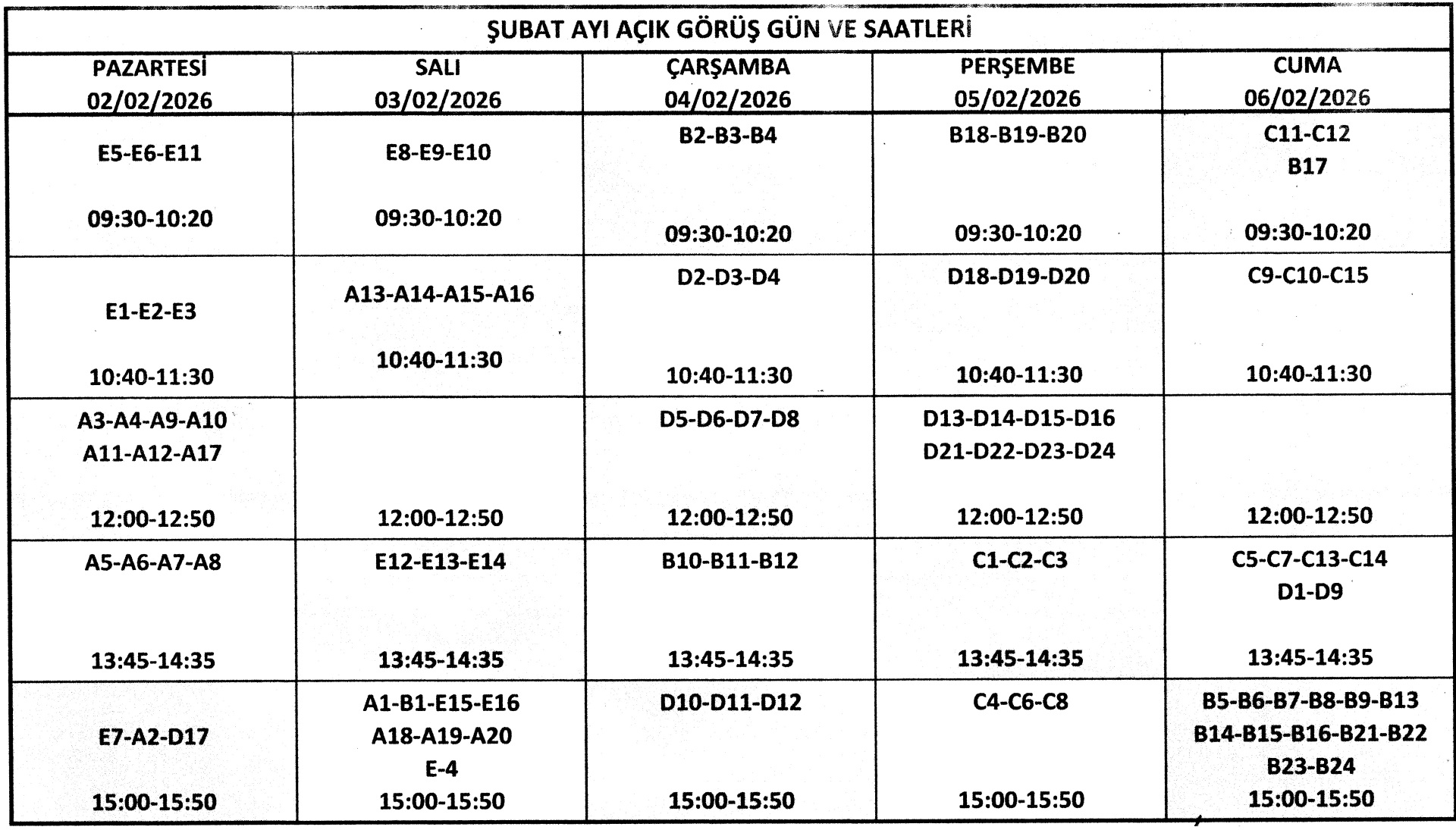 ZİYARET GÜNLERİ VE SAATLERİ
