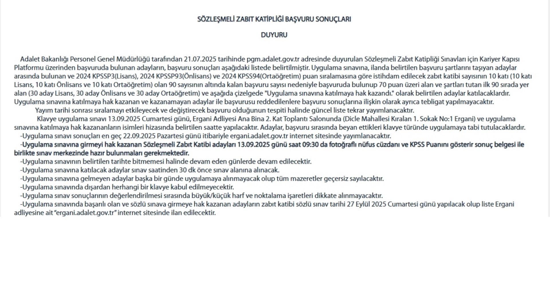 SÖZLEŞMELİ ZABIT KATİPLİĞİ BAŞVURU SONUÇLARI
